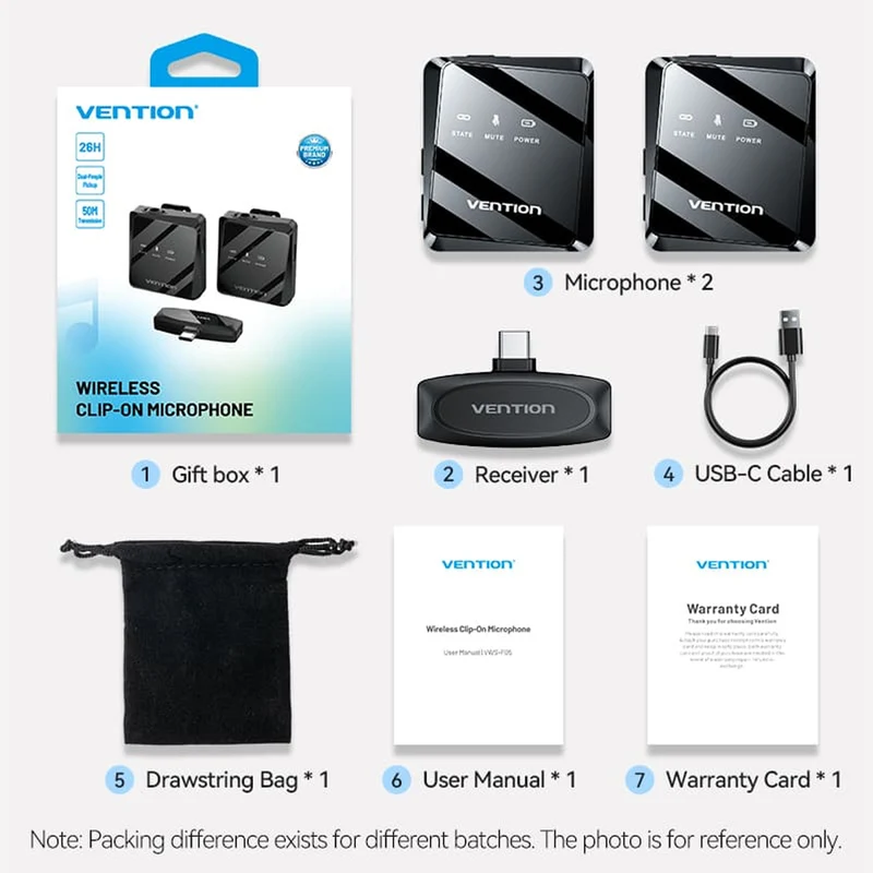 Vention USB-C 2-Pack Wireless Lavalier Microphone (Black) (NCBB0)