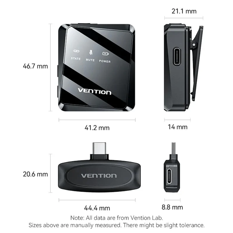 Vention USB-C 2-Pack Wireless Lavalier Microphone (Black) (NCBB0)