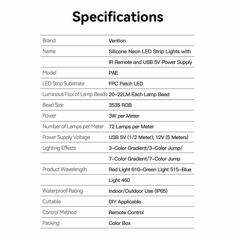 Vention Silicone Neon LED Strip Lights with IR Remote & USB 5V Power Supply - 1M, 2M (PAEWF, PAEWH)