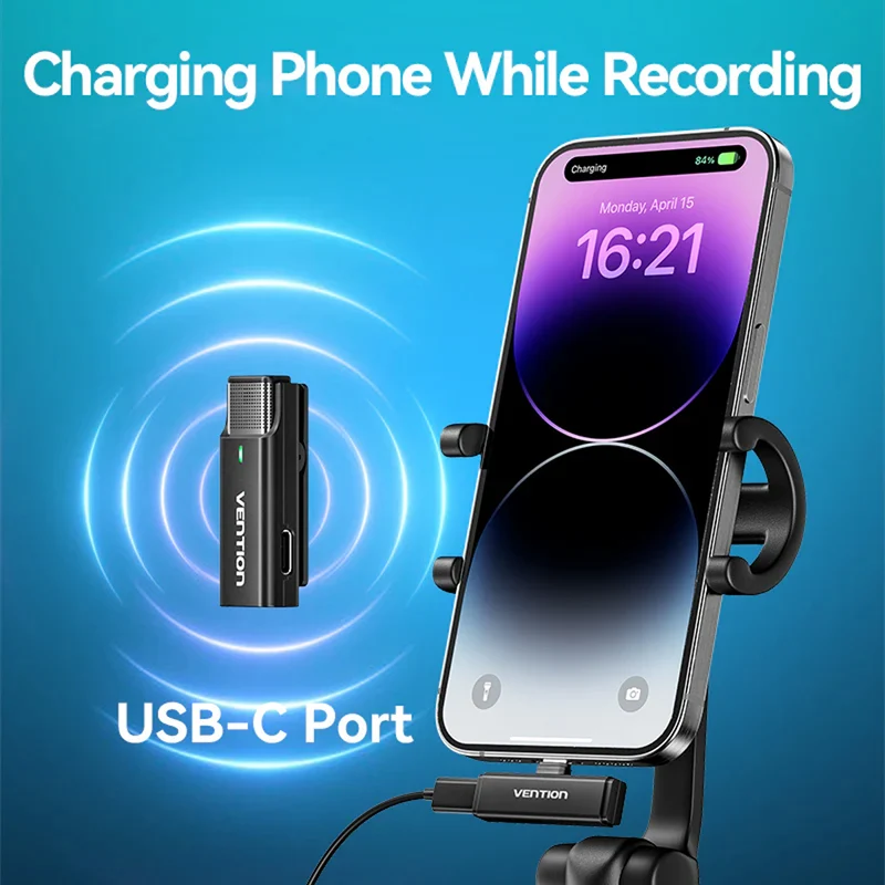 Vention USB-C 2-Pack Wireless Lavalier Microphone with Charging Case (Black) (NCAB0)