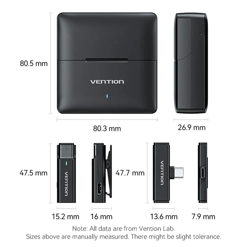 Vention USB-C 2-Pack Wireless Lavalier Microphone with Charging Case (Black) (NCAB0)