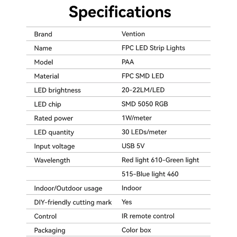 Vention RGB FPC LED Strip Lights with IR Remote & USB 5V Power Supply - 2M, 5M (PAAWH, PAAWJ)