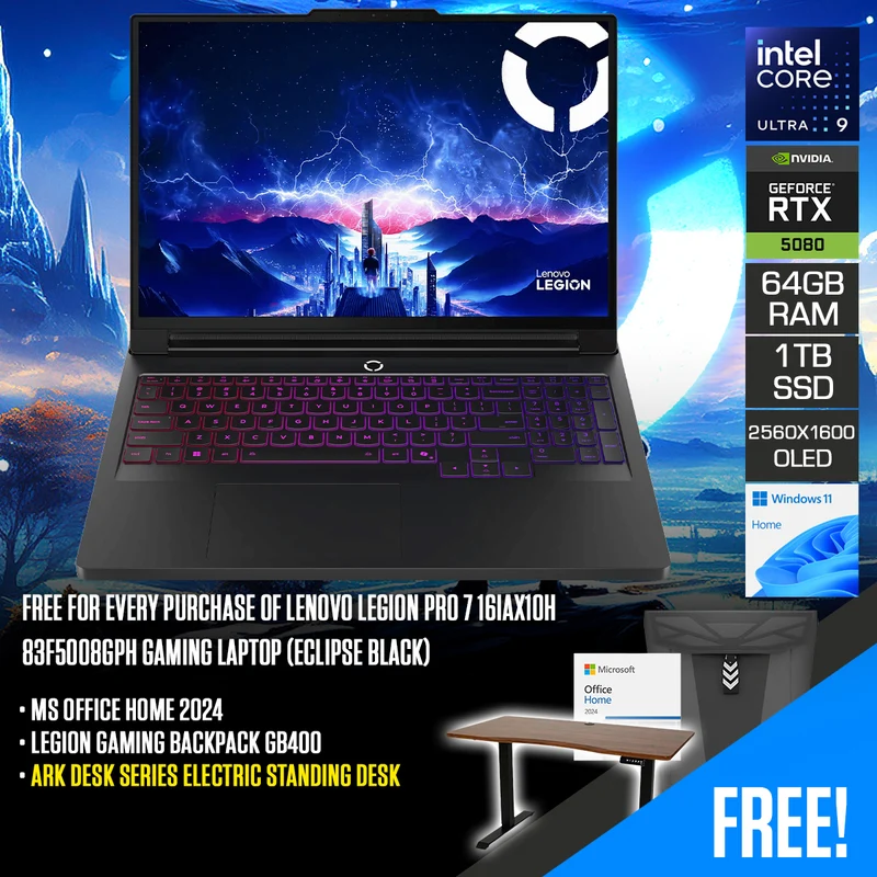 Lenovo Legion Pro 7 16IAX10H 83F5008GPH Gaming Laptop (Eclipse Black) | 16" WQXGA (2560x1600) OLED 240Hz | Core Ultra 9 275HX | 64GB RAM | 1TB SSD|RTX 5080|Win 11 Home|MS Office Home 2024+Legion Gaming Backpack GB400+Ark Desk Series Electric Standing Desk
