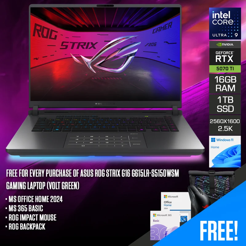 Asus ROG Strix G16 G615LR-S5150WSM Gaming Laptop (Volt Green) | 16" 2.5K (2560x1600) 240Hz IPS | Core Ultra 9 275HX | 16GB RAM | 1TB SSD | RTX 5070 Ti | Windows 11 Home | MS Office Home 2024 + MS 365 Basic + ROG Impact Gaming Mouse + ROG Backpack