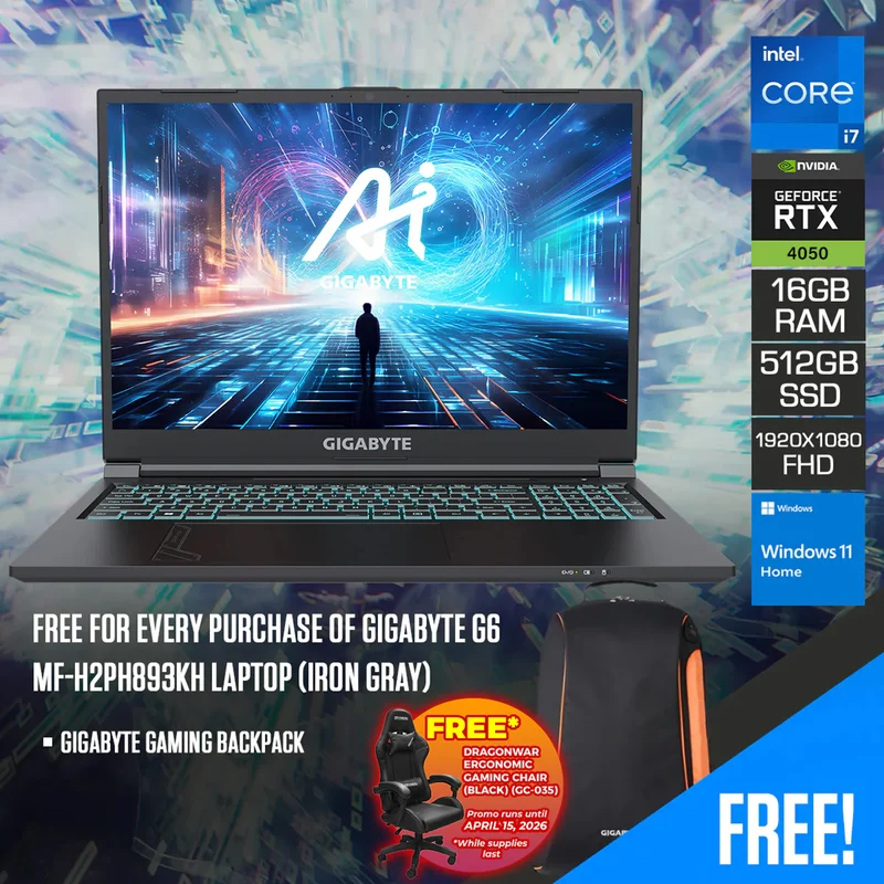 Gigabyte G6 MF-H2PH893KH Laptop (Iron Gray) | 15.6" FHD (1920x1080) | i7-13620H | 16GB RAM | 512GB SSD | RTX 4050 | Windows 11 Home | Gigabyte Gaming Backpack