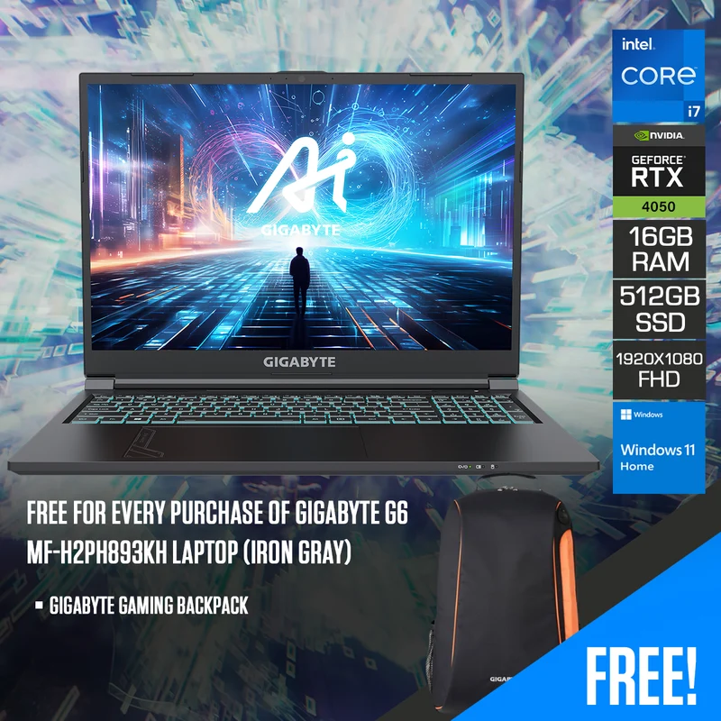 Gigabyte G6 MF-H2PH893KH Laptop (Iron Gray) | 15.6" FHD (1920x1080) | i7-13620H | 16GB RAM | 512GB SSD | RTX 4050 | Windows 11 Home | Gigabyte Gaming Backpack