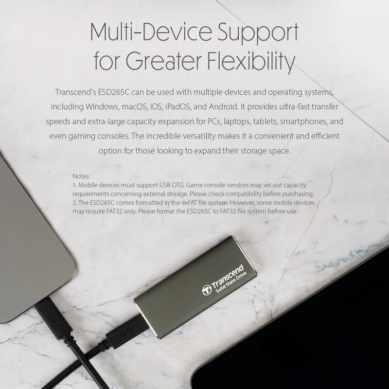 Transcend ESD265C Dual USB 10Gbps Read up to 1050MB/s Type-C Portable SSD (1TB, 2TB)