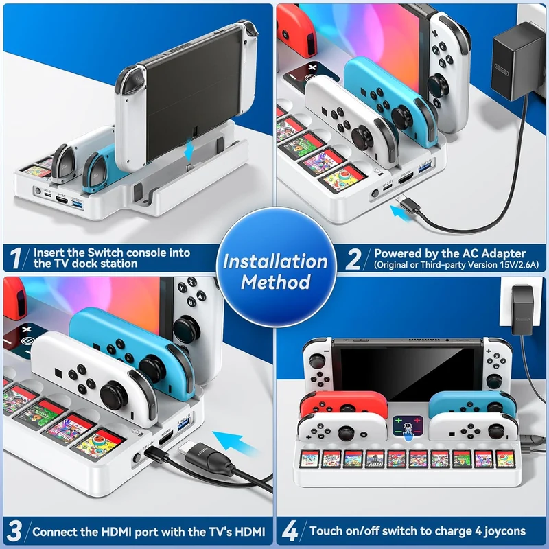 Kytok TV Dock Station with Controller Charger & Game Slots for Nintendo Switch / Nintendo Switch OLED (White) (KT-K804W)