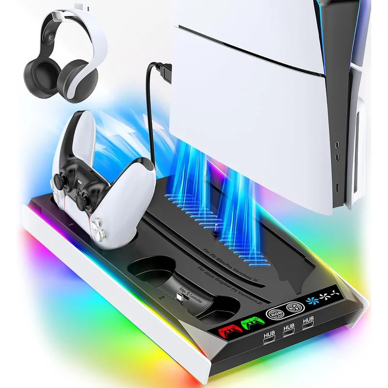 OIVO Multi-Function Cooling Stand and Controller Charger w/ LED Light for PS5 / PS5 Slim / PS5 Pro (Black) (VG-P5296XS-Pro)