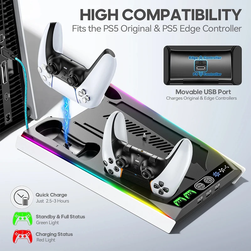 OIVO Multi-Function Cooling Stand and Controller Charger w/ LED Light for PS5 / PS5 Slim / PS5 Pro (Black) (VG-P5296XS-Pro)