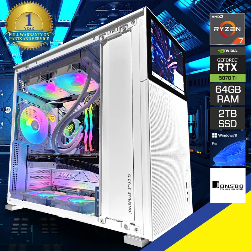 Ultra D41 Mesh White Desktop Gaming PC with Secondary Display Screen | AMD Ryzen 7 7800X3D | 64 GB RAM | 2TB SSD | RTX 5070 Ti | Windows 11 Pro