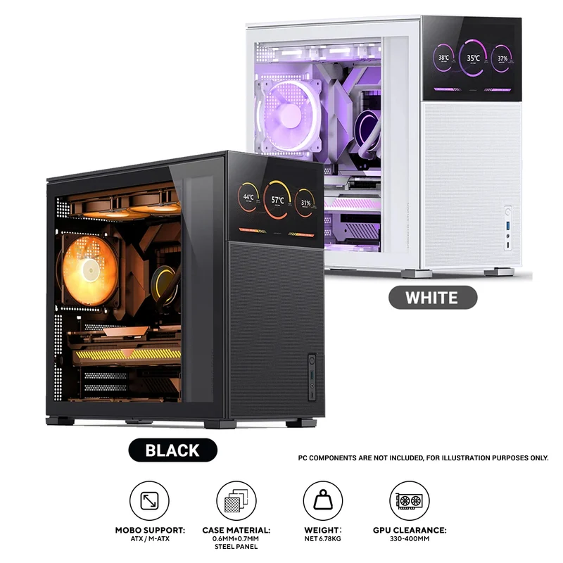 Jonsbo D41 Mesh ATX Computer Case (Black, White) + Jonsbo DS8 8" Display Secondary Screen (Black, White)