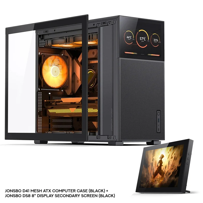 Jonsbo D41 Mesh ATX Computer Case (Black, White) + Jonsbo DS8 8" Display Secondary Screen (Black, White)