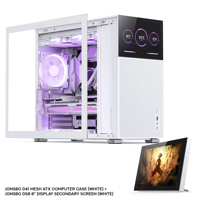 Jonsbo D41 Mesh ATX Computer Case (Black, White) + Jonsbo DS8 8" Display Secondary Screen (Black, White)