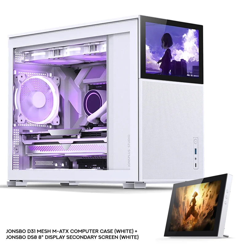 Jonsbo D31 Mesh M-ATX Computer Case (Black, White) + Jonsbo DS8 8" Display Secondary Screen (Black, White)