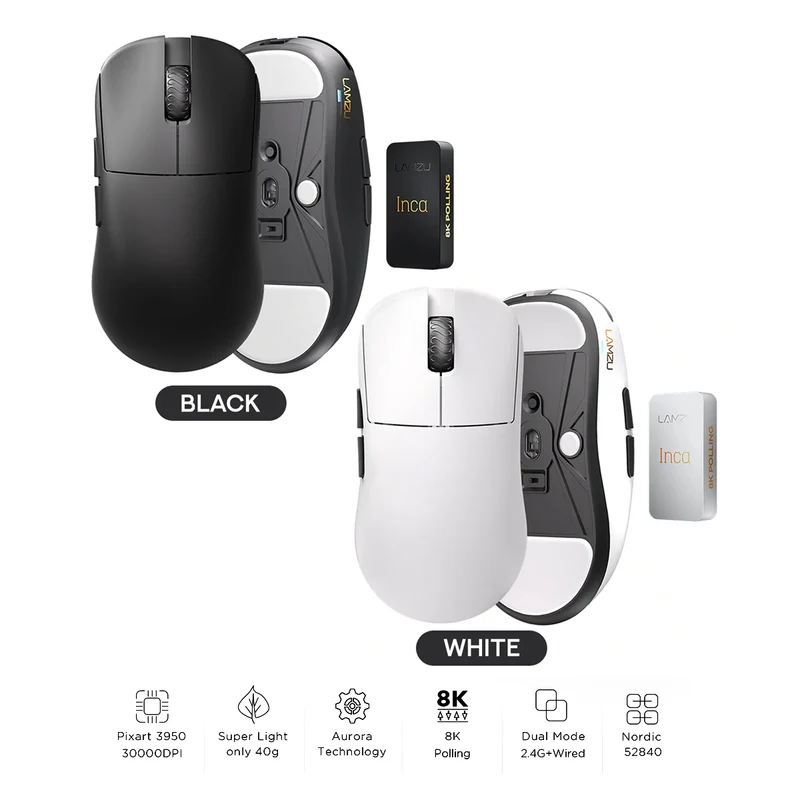 Lamzu INCA 8K Superlight Wireless Gaming Mouse (Black, White)
