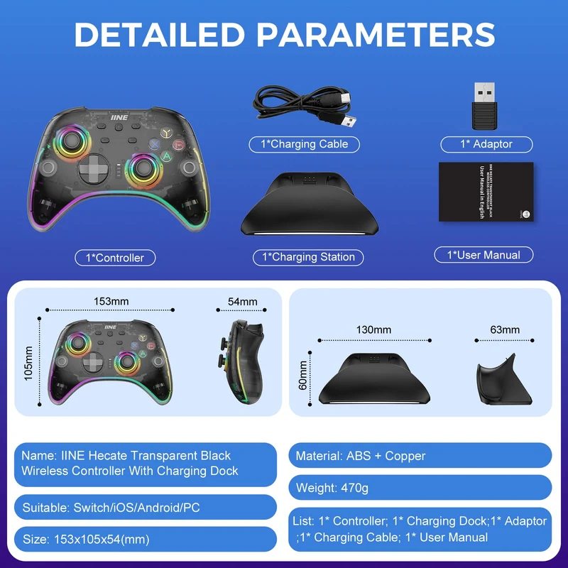 IINE Hecate Transparent Black Wireless Controller With Charging Dock (L1044)