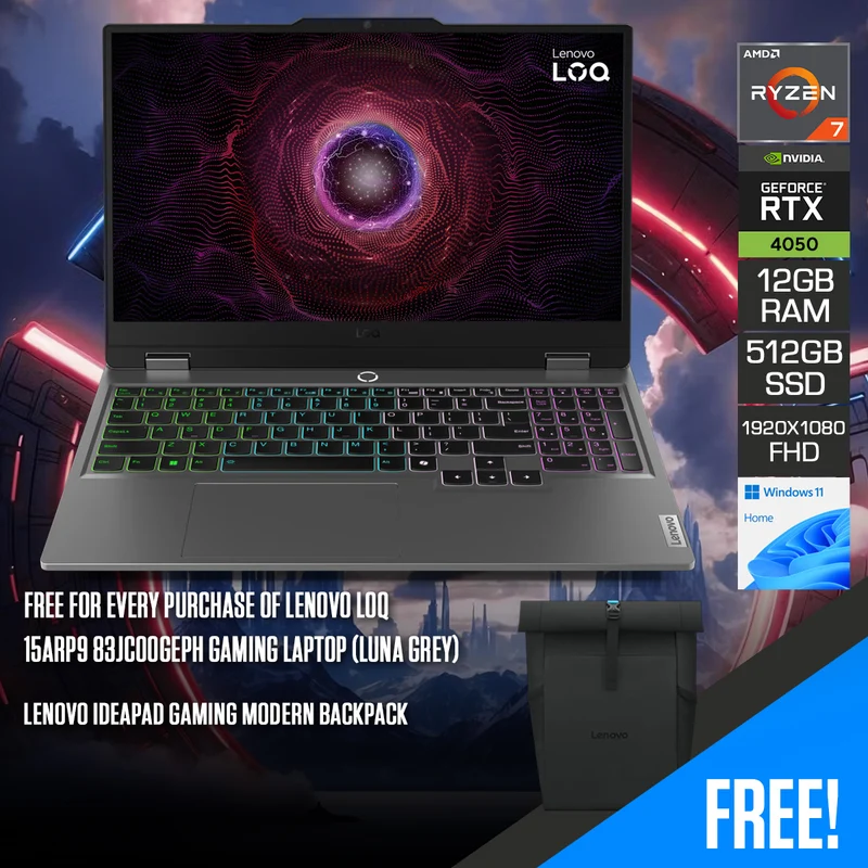 Lenovo LOQ 15ARP9 83JC00GEPH Gaming Laptop (Luna Grey) | 15.6" FHD (1920x1080) IPS 144HZ | Ryzen 7 7435HS | 12GB RAM | 512GB SSD | RTX 4050 | Windows 11 Home + Lenovo IdeaPad Gaming Modern Backpack