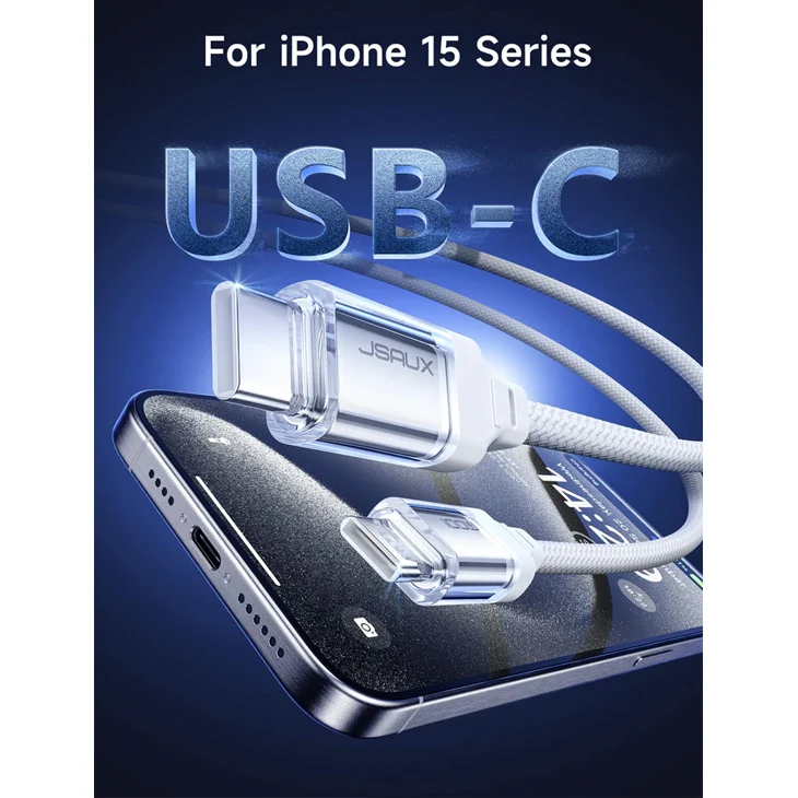 JSAUX Transparent 100W USB-C to USB-C Charging Cable 6.6ft 1-Pack (White) (CC0057)