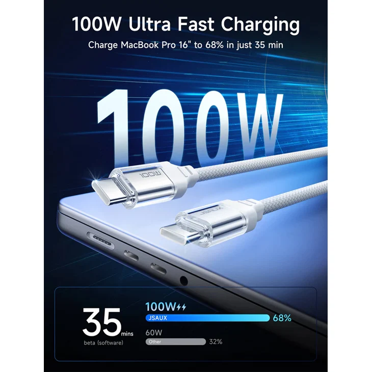 JSAUX Transparent 100W USB-C to USB-C Charging Cable 6.6ft 1-Pack (White) (CC0057)