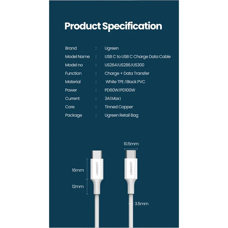 Ugreen USB-C 2.0 Male To USB-C 2.0 Male 3A Data Cable - 1M (White) (US264/60518)