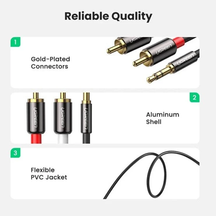 Ugreen 3.5mm Male To 2 RCA Male Audio Cable - Gray (1M, 1.5M, 2M, 3M, 5M) (AV102/10772, 10511, 10510, 10512, 10513)