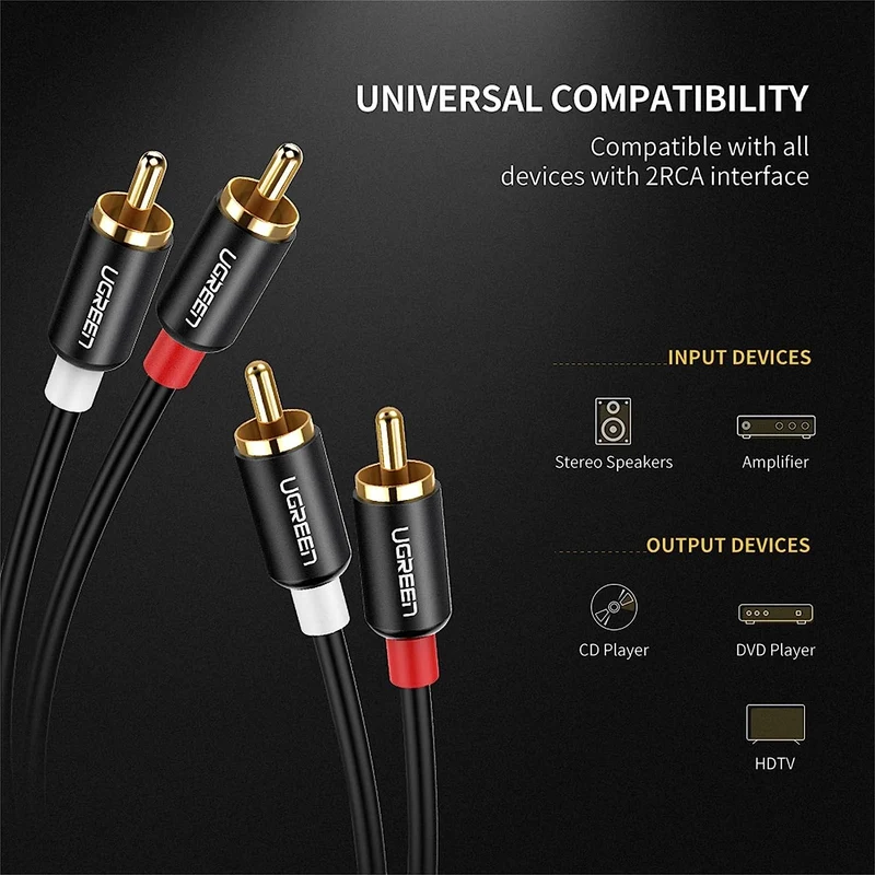 UGreen 2 RCA Male To 2 RCA Male Audio Cable - 1m (Black) (AV104/30747)