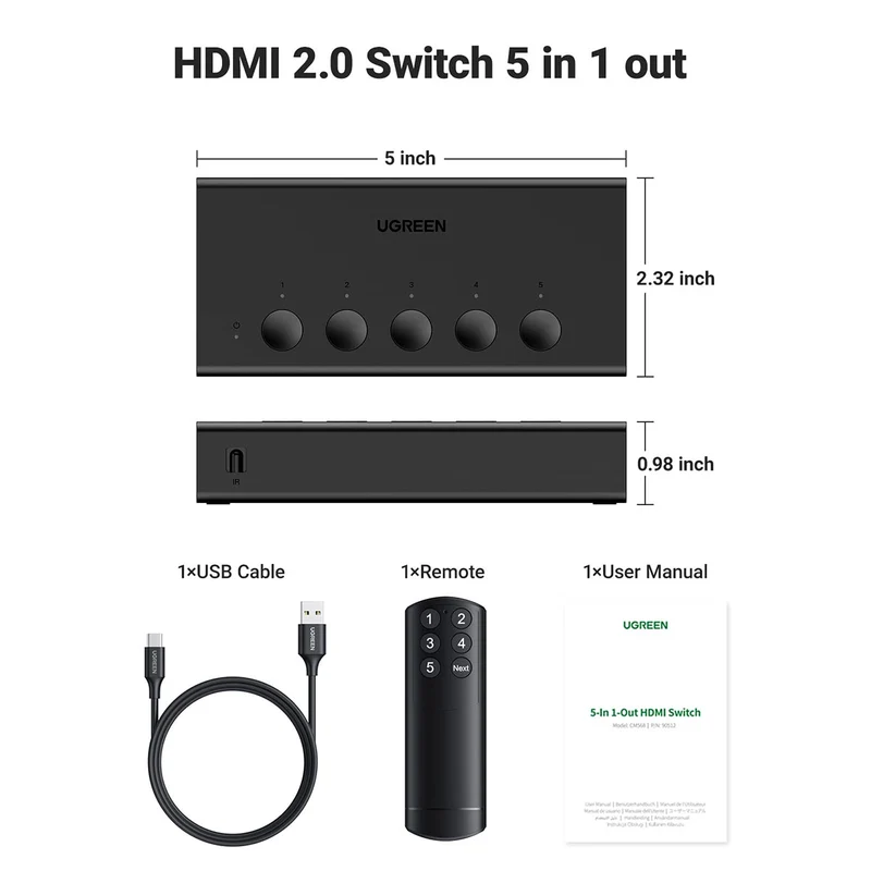 Ugreen 5-in-1 HDMI 2.0 Switcher (Black) (CM568/90512)
