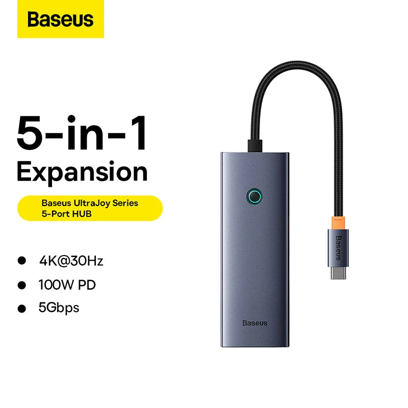 Baseus UltraJoy Series 5-Port Hub Docking Station USB-C to HDMI 4K@30Hz + 3xUSB-C 3.0 + PD (Space Grey) (B00052801811-00)