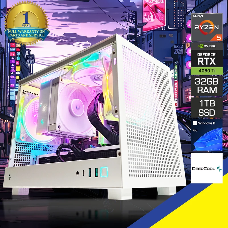 Aurora CH160 White Desktop Gaming PC | AMD Ryzen 5 7600 | 32GB RAM | 1TB SSD | RTX 4060 Ti | Windows 11 Pro