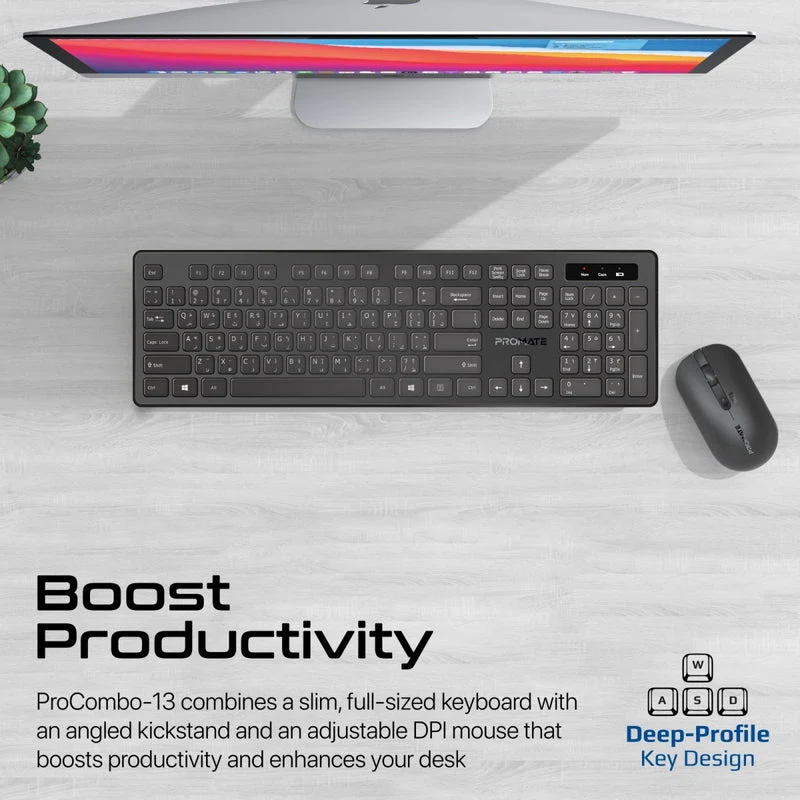 Promate ProCombo-13 Sleek Profile Full-Size Wireless Keyboard & Mouse (Black)