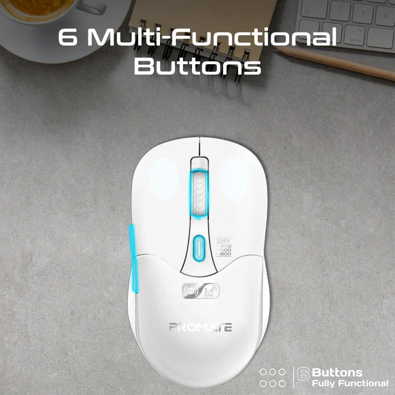 Promate Samo Dual Mode Rechargeable Wireless Mouse with BT & 2.4GHz Connectivity (White)