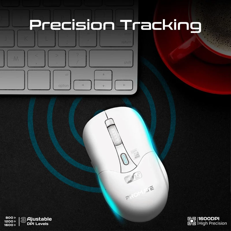 Promate Samo Dual Mode Rechargeable Wireless Mouse with BT & 2.4GHz Connectivity (White)