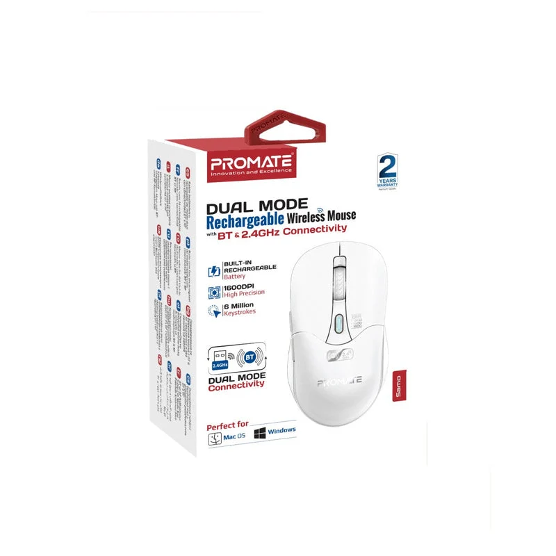Promate Samo Dual Mode Rechargeable Wireless Mouse with BT & 2.4GHz Connectivity (White)