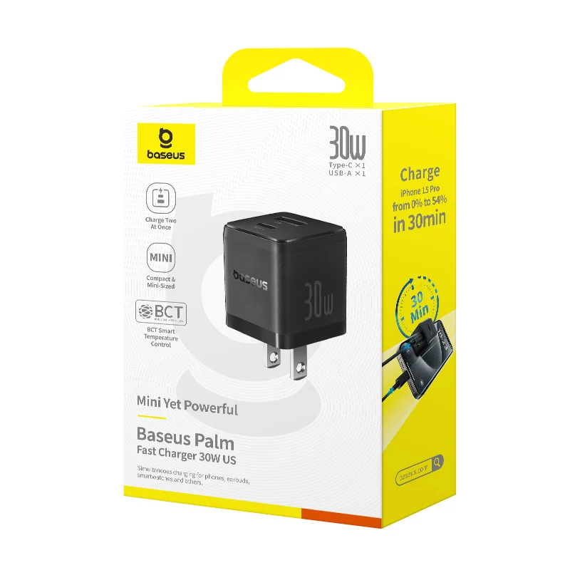 Baseus Palm Fast Charger C+U 30W with Mini Black Cable USB-C to USB-C 1m (Cluster Black) (P1011160B113-01)