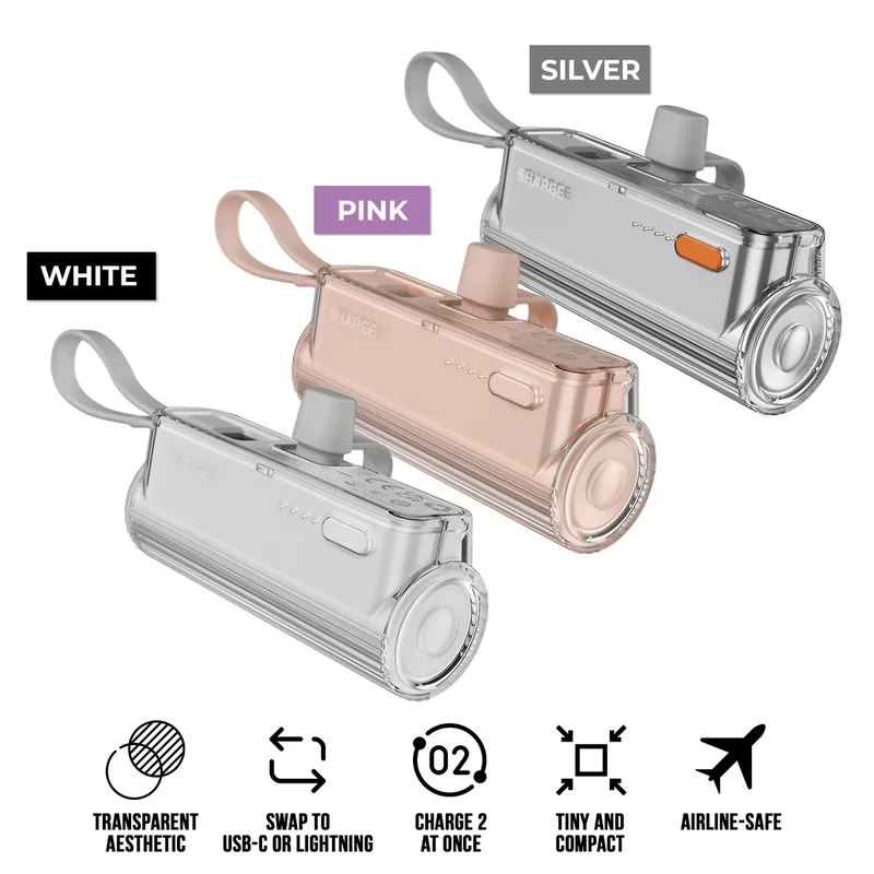 Sharge Flow Mini Power Bank 5000mAh with Built-in USB-C Cable & USB-C to USB-C + USB-C to Lightning Connector (Silver Grey, Pink, White) (SP012)