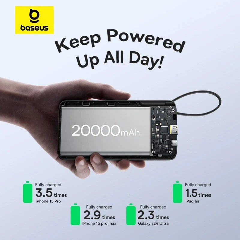 Baseus Bipow 2 Power Bank 20000mAh 20W with USB-C Cable (Cluster Black) (P10077101113-01)