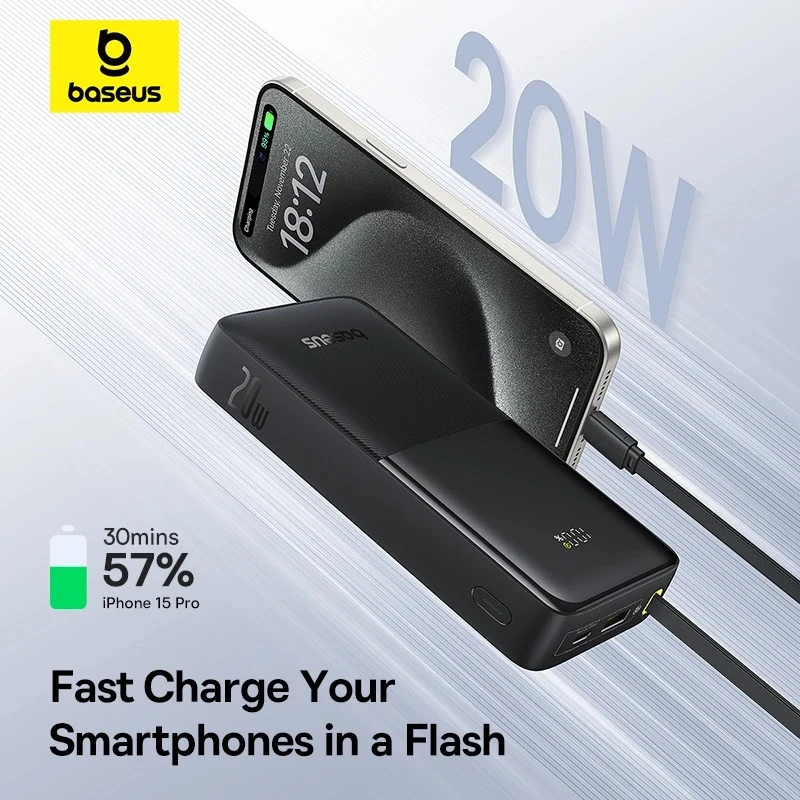 Baseus Bipow 2 Power Bank 20000mAh 20W with USB-C Cable (Cluster Black) (P10077101113-01)