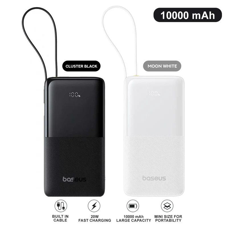 Baseus Bipow 2 Power Bank 10000mAh 20W with USB-C Cable (Cluster Black, Moon White)