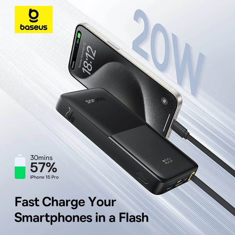 Baseus Bipow 2 Power Bank 10000mAh 20W with USB-C Cable (Cluster Black, Moon White)