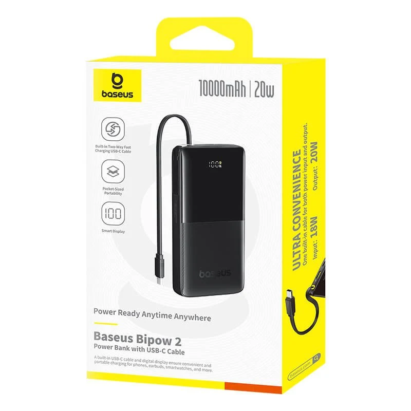 Baseus Bipow 2 Power Bank 10000mAh 20W with USB-C Cable (Cluster Black, Moon White)
