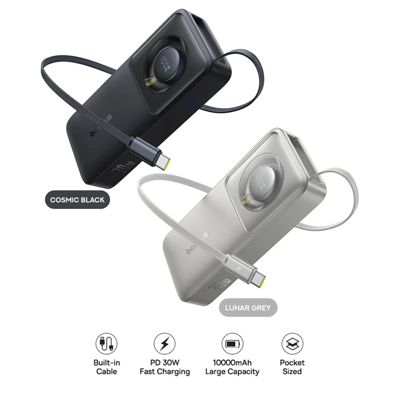 Baseus Free2Pull Power Bank 10000mAh 30W with Retractable USB-C Cable (Cosmic Black, Lunar Grey)