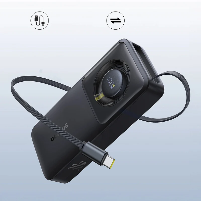 Baseus Free2Pull Power Bank 10000mAh 30W with Retractable USB-C Cable (Cosmic Black, Lunar Grey)