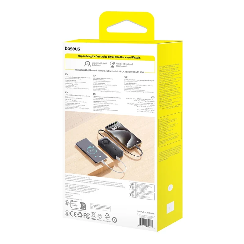 Baseus Free2Pull Power Bank 10000mAh 30W with Retractable USB-C Cable (Cosmic Black, Lunar Grey)