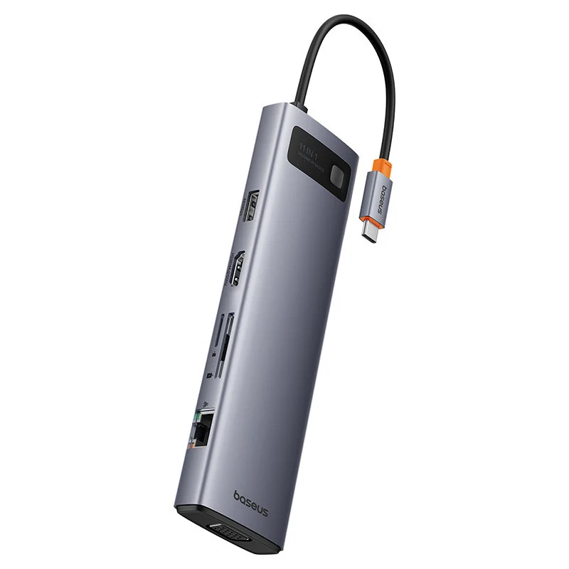Baseus Metal Gleam Series 11-Port Hub USB-C to HDMI 4K@60Hz + VGA + 3xUSB 3.0 + USB 2.0 + USB-C PD + RJ45 + SD/TF + 3.5mm (Space Grey) (B00030709811-00)