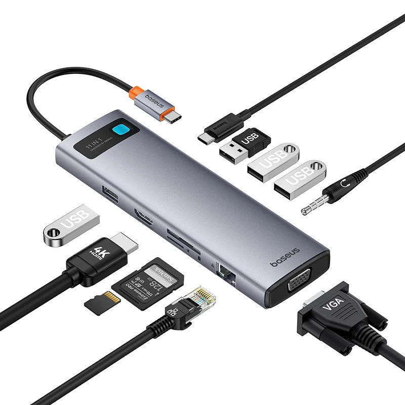 Baseus Metal Gleam Series 11-Port Hub USB-C to HDMI 4K@60Hz + VGA + 3xUSB 3.0 + USB 2.0 + USB-C PD + RJ45 + SD/TF + 3.5mm (Space Grey) (B00030709811-00)