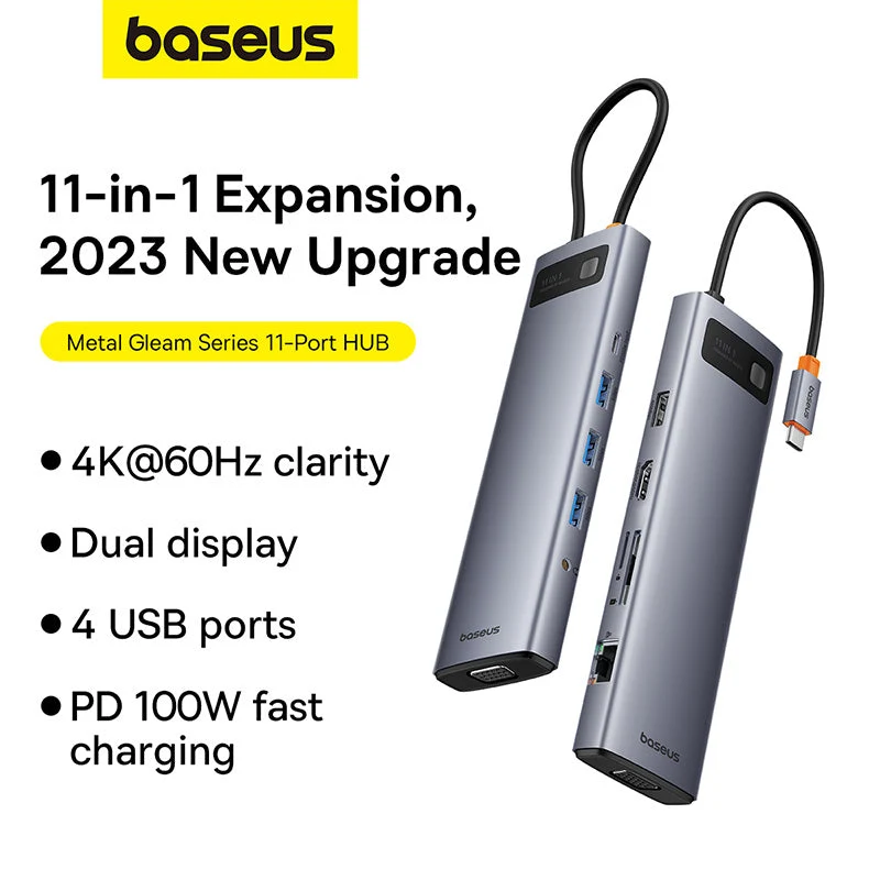 Baseus Metal Gleam Series 11-Port Hub USB-C to HDMI 4K@60Hz + VGA + 3xUSB 3.0 + USB 2.0 + USB-C PD + RJ45 + SD/TF + 3.5mm (Space Grey) (B00030709811-00)
