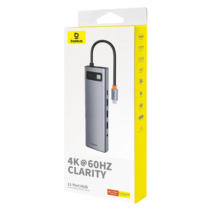 Baseus Metal Gleam Series 11-Port Hub USB-C to HDMI 4K@60Hz + VGA + 3xUSB 3.0 + USB 2.0 + USB-C PD + RJ45 + SD/TF + 3.5mm (Space Grey) (B00030709811-00)