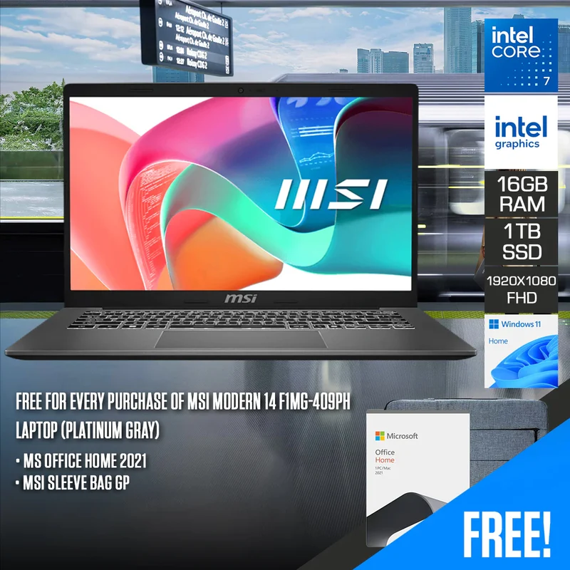 MSI Modern 14 F1MG-409PH Laptop (Platinum Gray) | 14" FHD (1920x1080) | Intel Core 7-150U | 16GB RAM | 1TB SSD | Intel Graphics | Windows 11 Home | MS Office Home 2021 + MSI Sleeve Bag GP