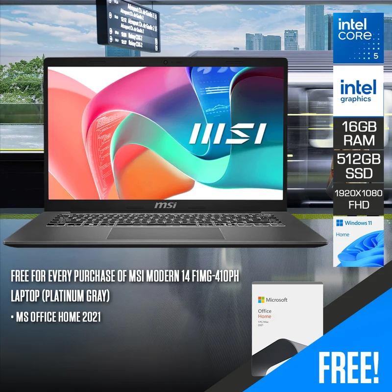 MSI Modern 14 F1MG-410PH Laptop (Platinum Gray) | 14" FHD (1920x1080) | Intel Core 5-120U | 16GB RAM | 512GB SSD | Intel Graphics | Windows 11 Home | MS Office Home 2021